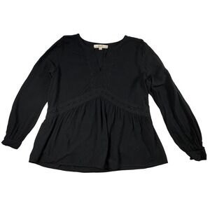 LOFT Black V Neck Peplum Blouse Women's XS Long Sleeve Lace Trim